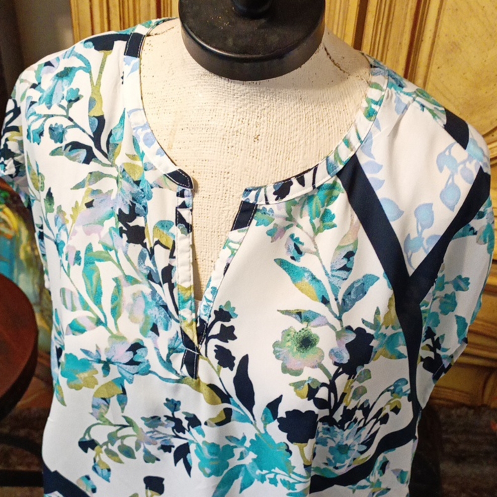 Womens Sheer Blouse top Short sleeve SIMPLY EMMA Plus Sz 1X Blue white green